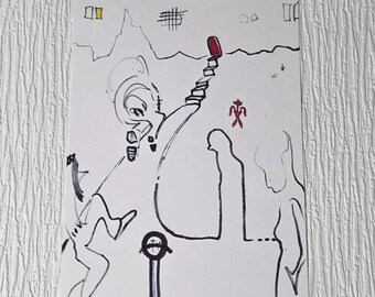 Puede incluir: Un dibujo abstracto en blanco y negro sobre papel blanco. La obra de arte presenta una figura con una cabeza grande y un brazo extendido, que alcanza una forma rectangular roja en la parte superior de una escalera. También hay otras figuras y formas.