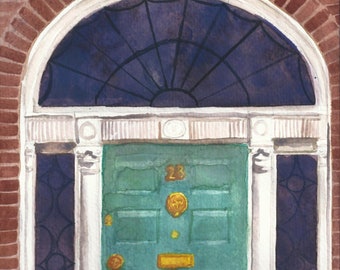 Watercolor Dublin Georgian Door, Turquoise Architectural Art Prints