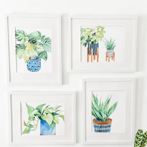 Aquarell Hauspflanze Prints, 4er-Set, Instant Galleriewand