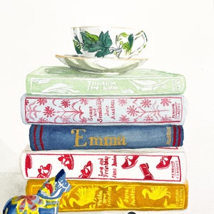 Aquarell Jane Austen Bücher mit Teetasse Kunstdrucke