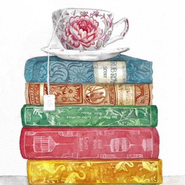 Watercolor stack of vintage books and tea cup, Book Art, books and tea