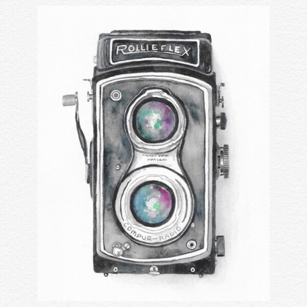 Vintage Camera Art, Painting Print, Rolleiflex Camera Art, Art Decor, boho wall art