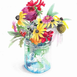 Watercolor Summer Bouquet in a blue Mason Jar, Sunflower Watercolor, Floral Art, Nature Art, Wall Art, boho decor, eclectic decor, Botanical