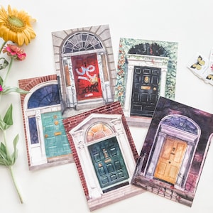 Set di 5 cartoline, porte di Dublino ad acquerello, set di mini stampe, arte di viaggio, cancelleria architettonica