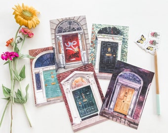 Postcard set of 5, Watercolor Dublin Doors, mini prints set, travel art, architectural stationary