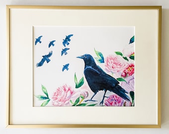 Imprimé corbeaux en pivoines roses, art de la nature aquarelle, art de l'histoire naturelle, art des corvidés, art floral, art du corbeau, décoration éclectique, déco bohème