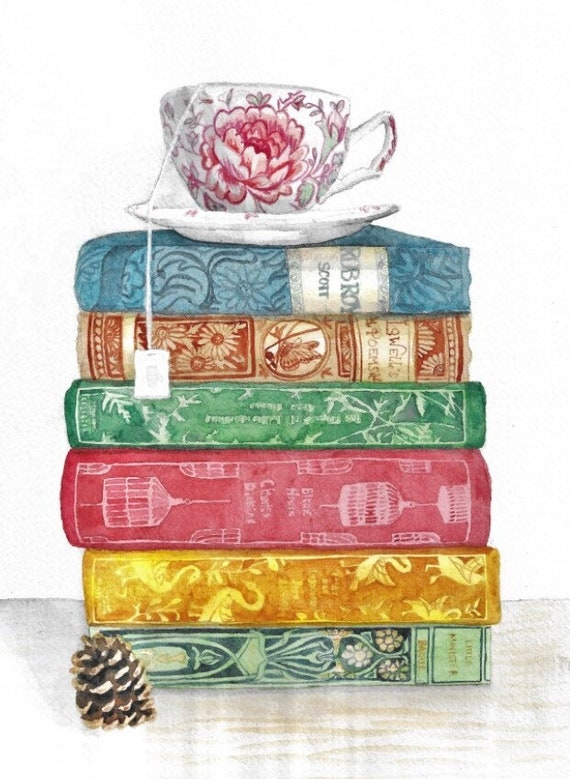 Watercolor Stack of Vintage Books and Tea Cup, Book Art, Books and