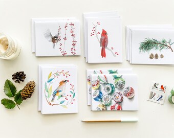 Christmas Cards Set of 10, Holiday card set, Blank Greeting Cards with Birds and berries, shiny bright ornaments, and pine bough