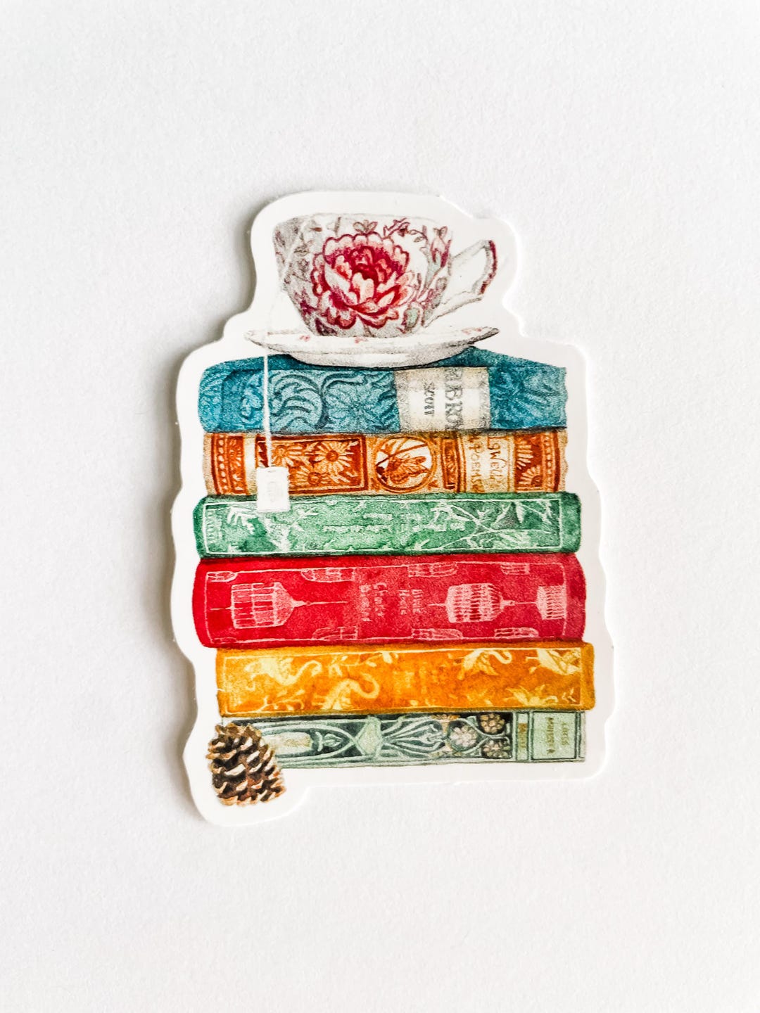 Vintage Book Stack and Tea Cup Sticker - Etsy