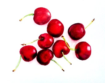 Watercolor Cherries Print, Fruit Art, Nature Art, Gallery Wall, Botanical Art, Bold home decor, eclectic home decor, farmhouse style art