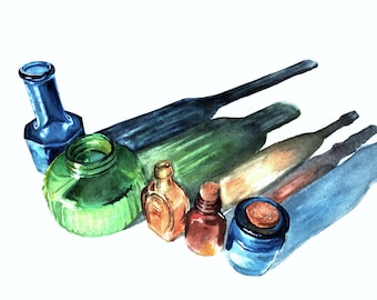 Impresiones de pintura de acuarela de botellas de colores