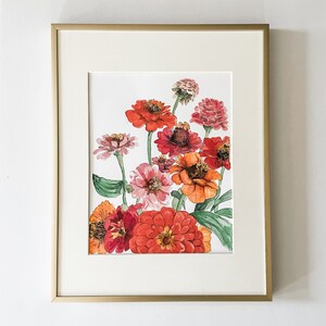 Watercolor zinnias floral Print, flower painting, Botanical Art image 1