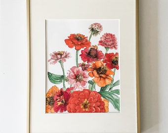 Watercolor zinnias floral Print, flower painting, Botanical Art