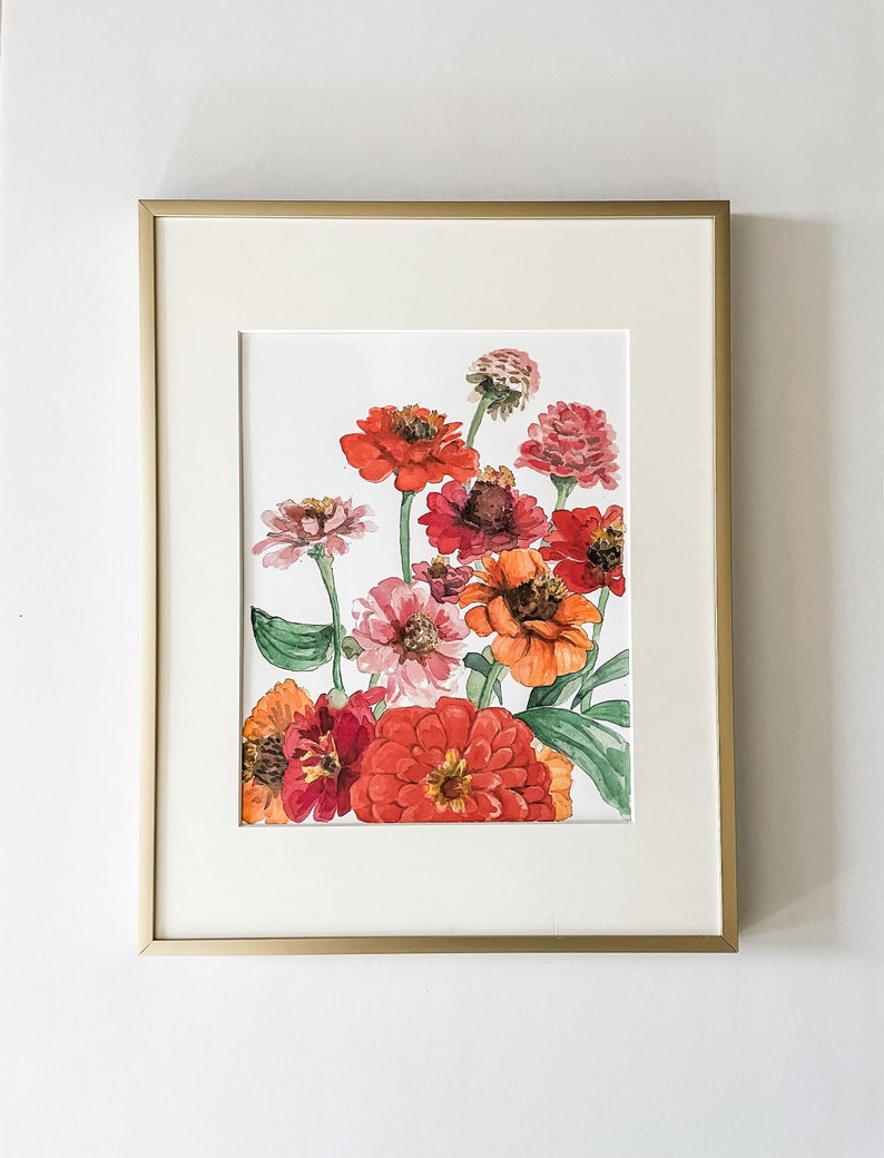 Watercolor zinnias floral Print, flower painting, Botanical Art image 1