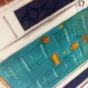 May include: A teal blue door with a brass door knocker and a brass letterbox. The door has the number "13" on it.