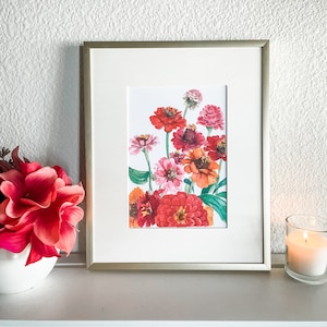 Watercolor zinnias floral Print, flower painting, Botanical Art image 6