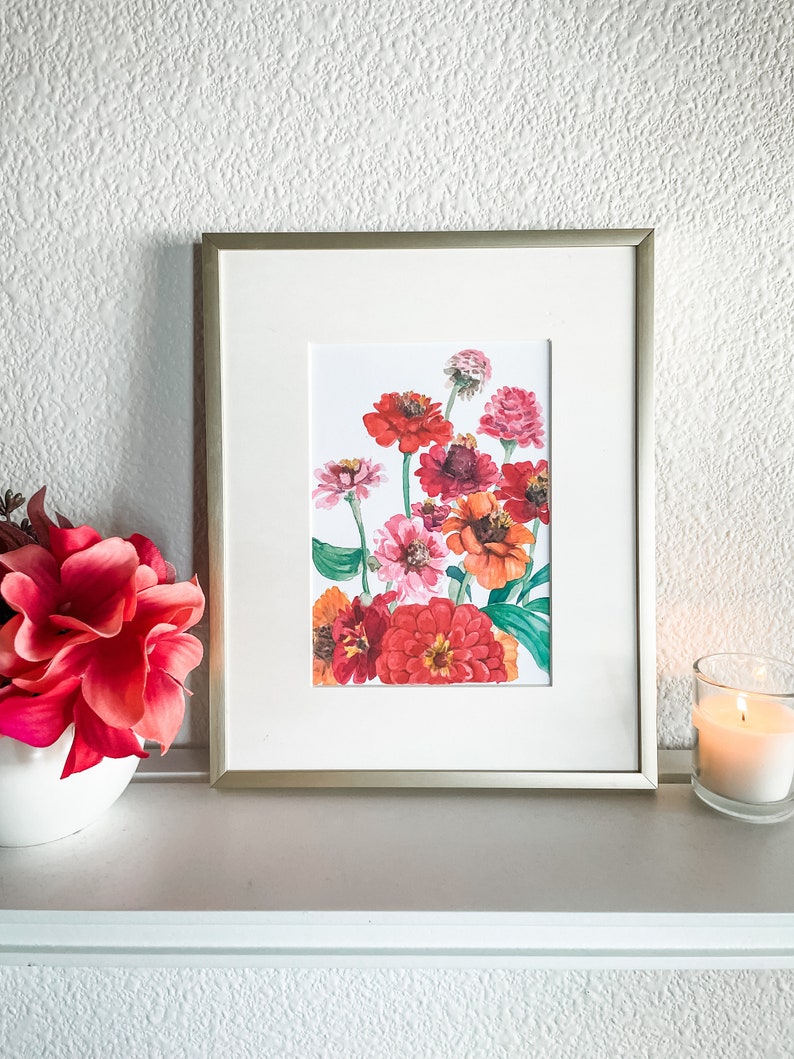 Watercolor zinnias floral Print, flower painting, Botanical Art image 6