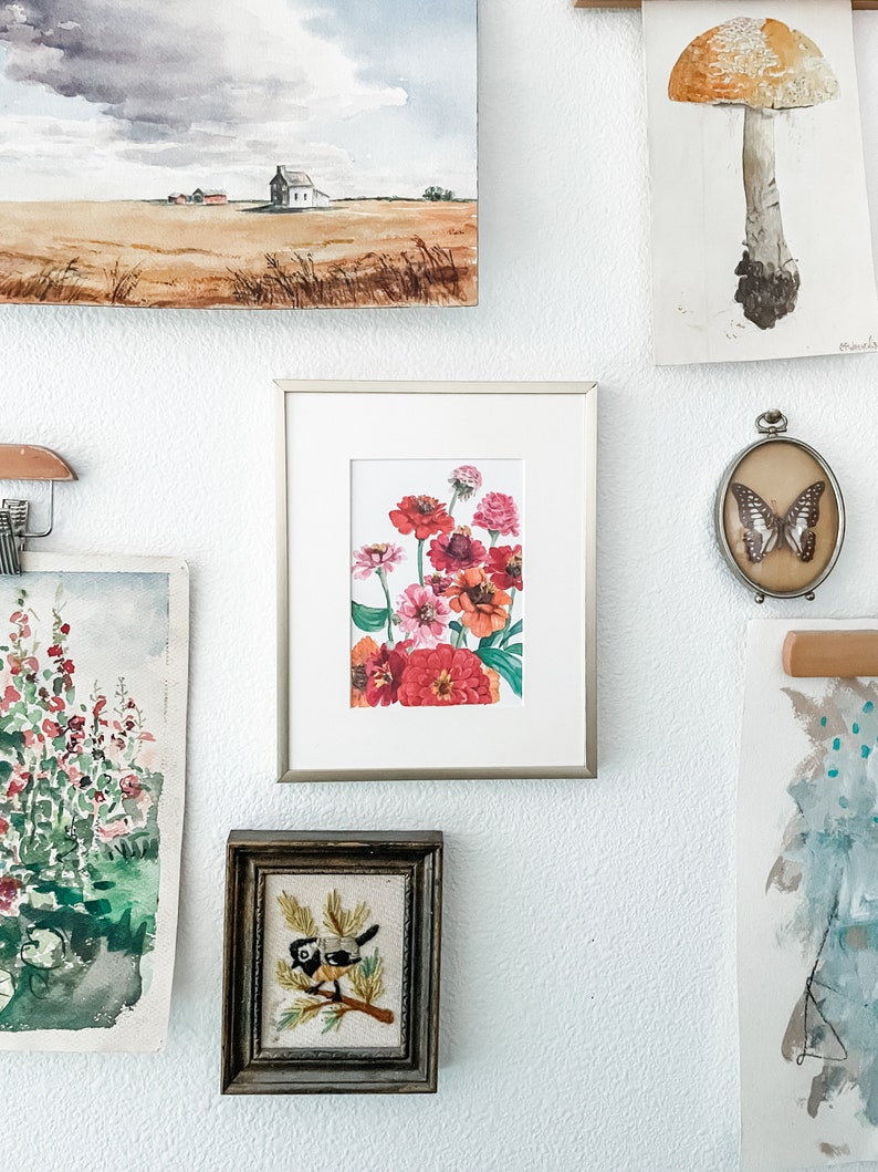 Aquarel zinnias bloemenprint, bloemschilderen, botanische kunst afbeelding 7