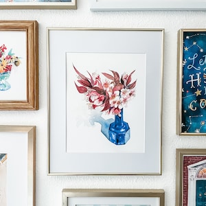 Plum blossoms in blue bottle Watercolor Art Print