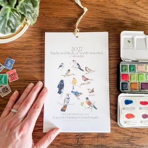 Puede incluir: Un calendario 2027 Backyard Birds of North America con ilustraciones en acuarela de varias aves, que presenta el texto '2027 Backyard Birds of North America Calendar' y 'Watercolor Paintings by Rachel Linquist' en papel blanco.