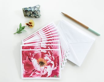 Notecard Set of 10, Big Pink Peony Art Cards, Blank Greeting Cards