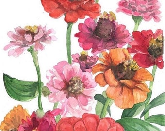 Impresión de arte mural, flores de zinnia en acuarela