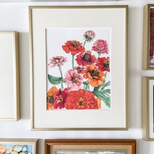 Watercolor zinnias floral Print, flower painting, Botanical Art image 3