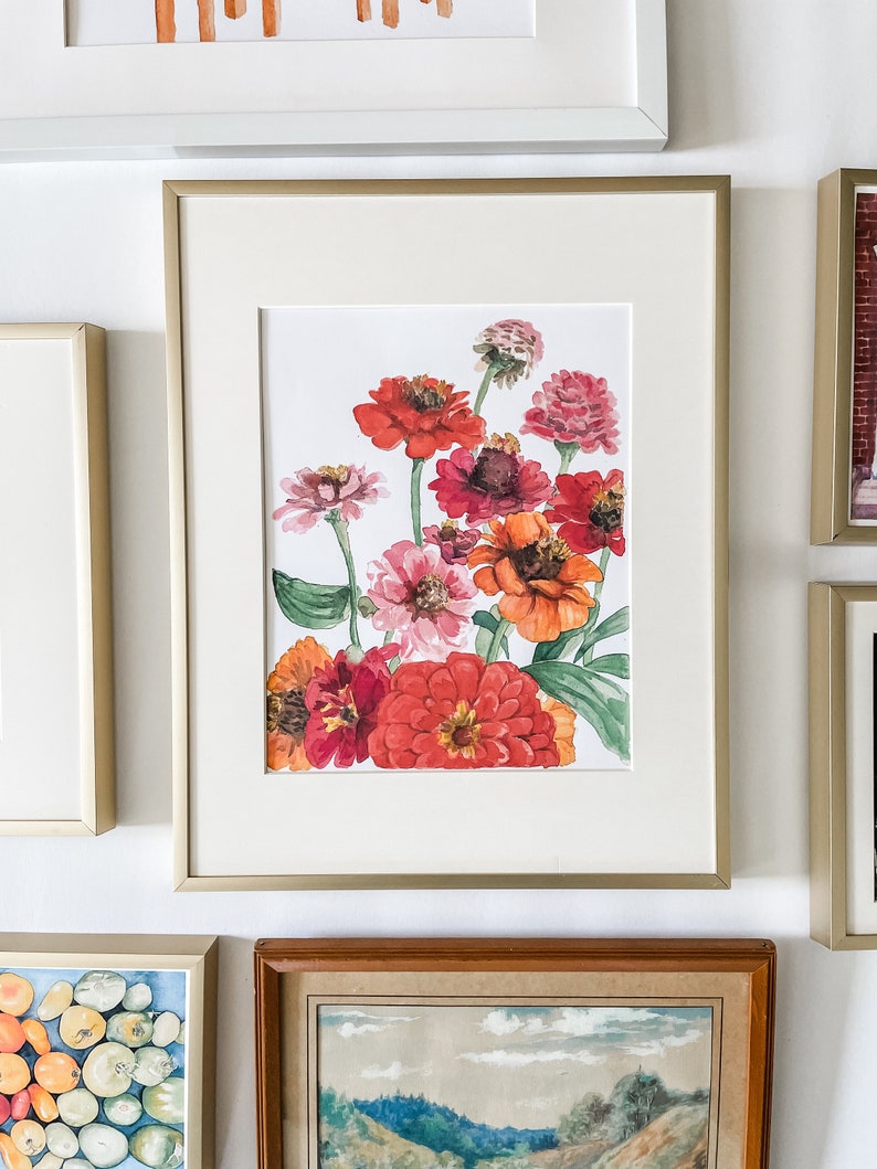 Watercolor zinnias floral Print, flower painting, Botanical Art image 3