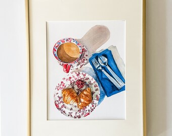 Cup of coffee watercolor painting, croissants and coffee in watercolor art, cup of tea art, watercolor food