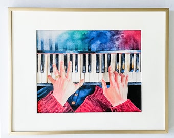 Piano Player's Hands II Watercolor Painting, piano art, musician gift, music art