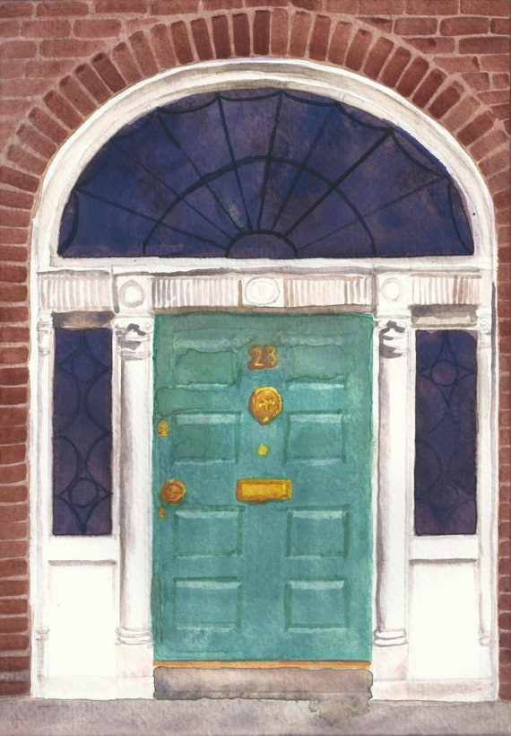 Watercolor Dublin Georgian Door, Turquoise Architectural Art Prints