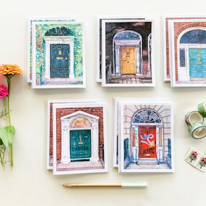 Lot de 10 cartes pour notes, cartes d'art aquarelle Dublin Doors, cartes de voeux vierges avec art architectural de porte géorgien