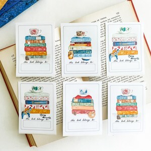 Watercolor Book Stack and Tea Cup Bookplates, Set of 6 Ex Libris Stickers