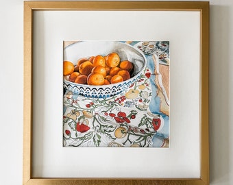 Peinture à l'aquarelle de mandarines dans un bol, impressions dans toutes les tailles, art mural vibrant, décoration de cuisine d'art d'agrumes, art d'orange