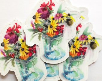 Mason Jar Bouquet sticker, aquarel wilde bloemen sticker