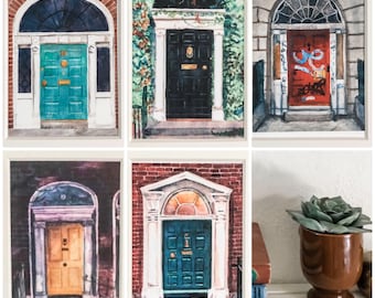 Watercolor Doors Set of 5, Dublin Doors Architecture Art, Colorful Doors, Wall Art, Gallery Wall, Eclectic Home Decor, Masculine Art, Boho