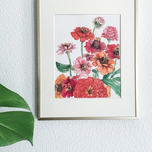 Watercolor zinnias floral Print, flower painting, Botanical Art image 5