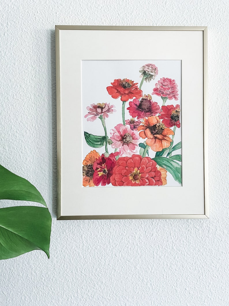 Watercolor zinnias floral Print, flower painting, Botanical Art image 5