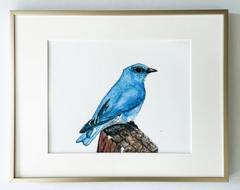 Watercolor Mountain Bluebird Print, bird painting, state bird art, native bird painting, boho home decor, eclectic decor, farmhouse style