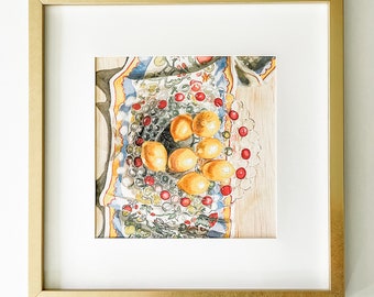 Lemons on a Glass Plate Watercolor Painting, prints in every size, vibrant wall art, citrus art kitchen decor, orange art