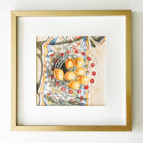 Lemons on a Glass Plate Watercolor Painting, prints in every size, vibrant wall art, citrus art kitchen decor, orange art