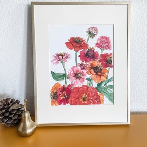 Watercolor zinnias floral Print, flower painting, Botanical Art image 4