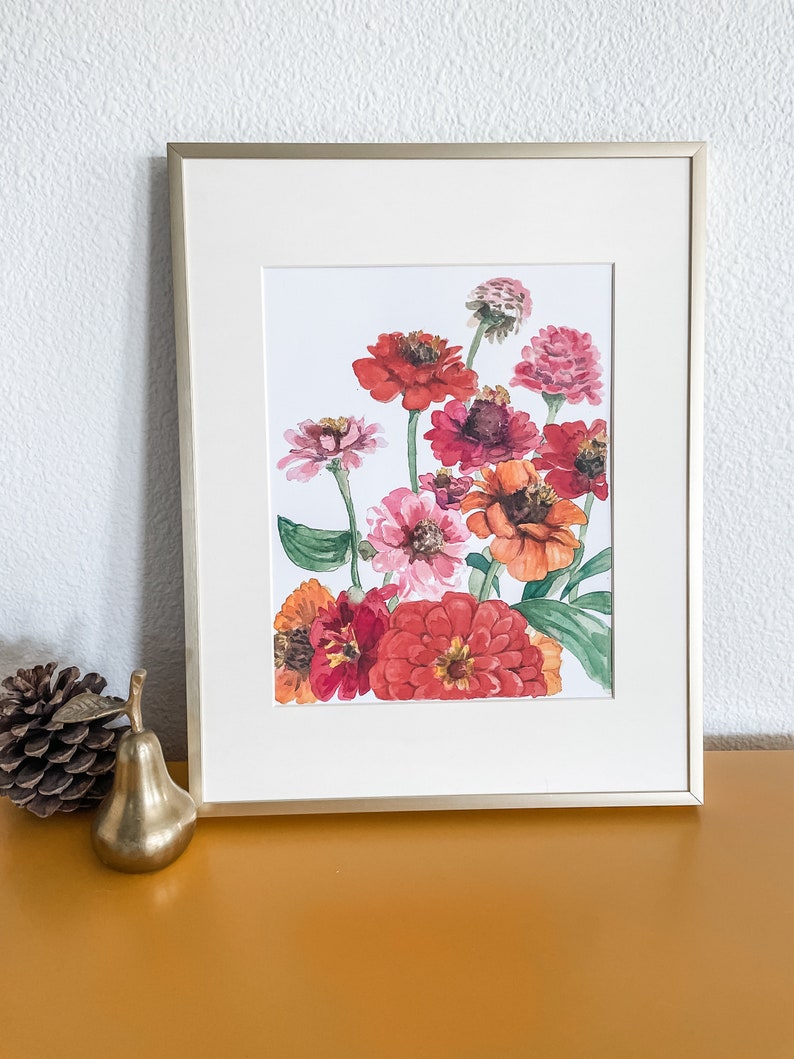 Watercolor zinnias floral Print, flower painting, Botanical Art image 4