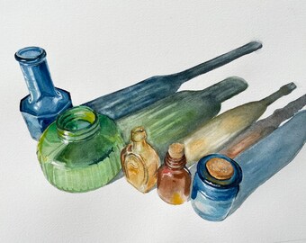 Aquarelle de bouteilles colorées