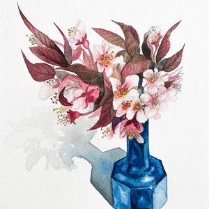Floral Watercolor Art Print, Plum Blossoms Blue Bottle