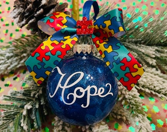 Christmas Ornament Autism Awareness gift glitter puzzle au-some autistic holiday 