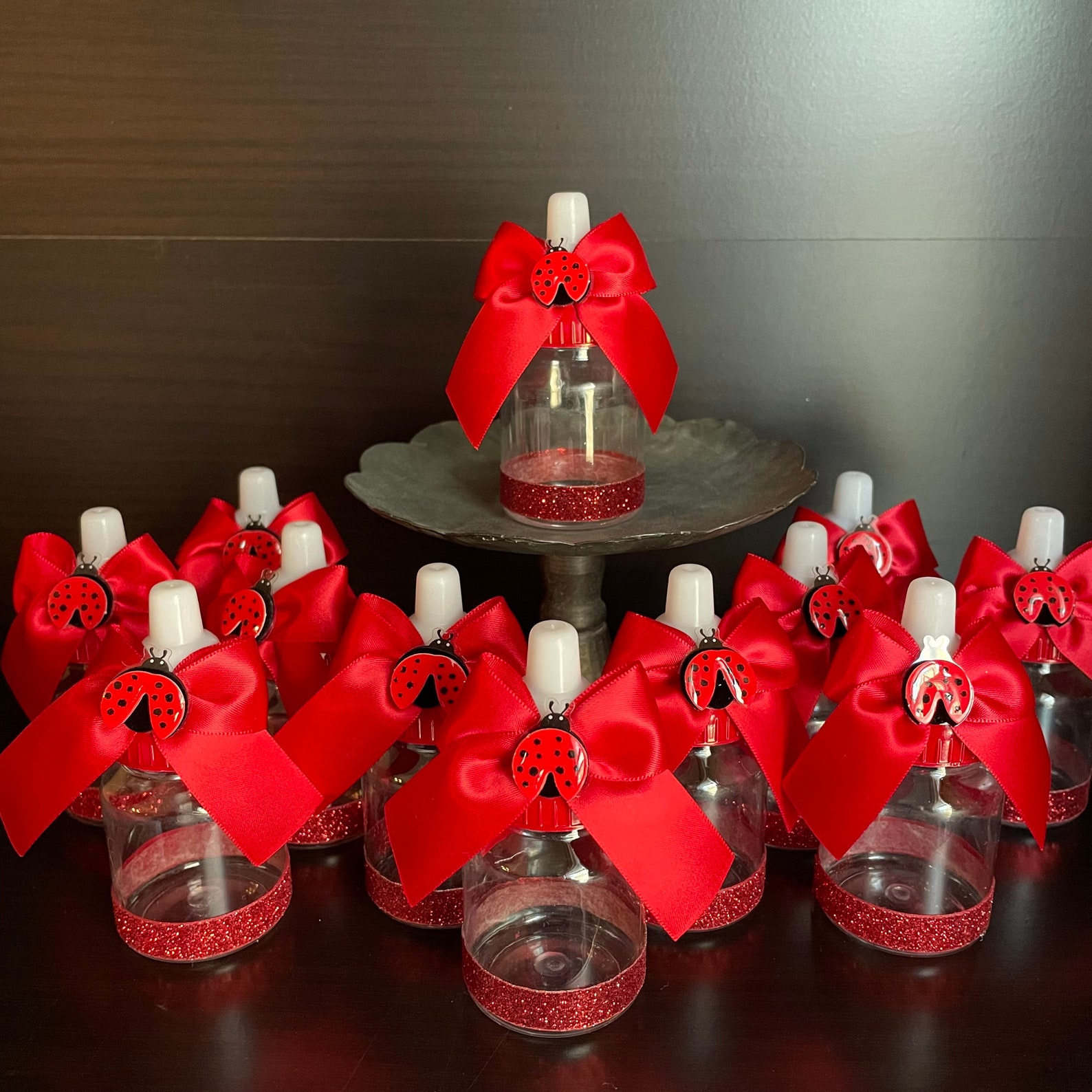 Ladybug Baby Bottle Favors Shower Gifts Ribbon Embellishments Set of 12