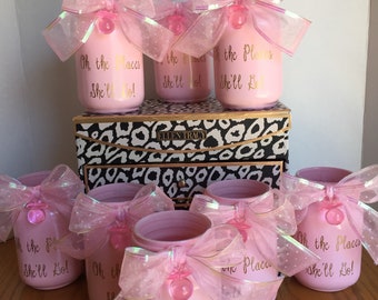 Baby Shower Centerpiece, Pink Mason Jar Centerpiece, Baby Centerpiece, Pink Baby Shower, Baby Shower Decor, Oh, the Places She'll Go