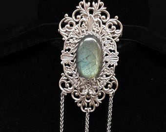 Art Nouveau Labradorite Brooch: Sage Turquoise, Gothic Fantasy Accessory