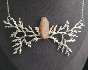 Branch Necklace with Peach Moonstone, Elvish Collier, Handmade Choker, Silver Fantasy Necklace